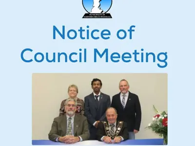 Notice of Council Meeting Poster with a photo of the 2022-2026 Term of Council featuring Mayor, Milt McIver and Deputy Mayor, Rod Anderson in the front. Councillor, Laurie Golden, Councillor, Aman Sohrab, and Councillor, Todd Dowd can be seen in the back row.