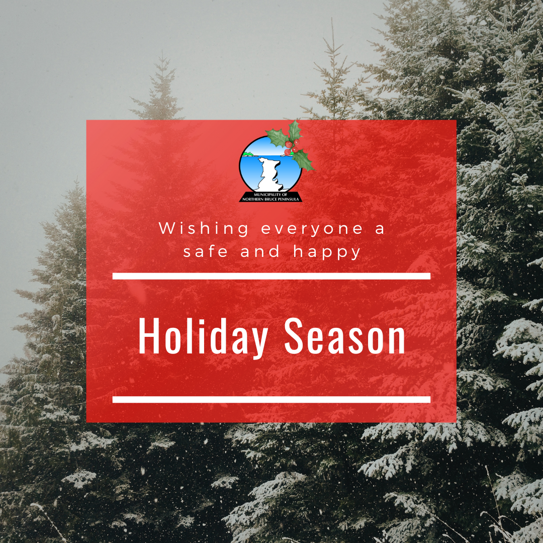 Graphic of snow covered pine trees with a red box reading "Wishing everyone a safe and happy holiday season".