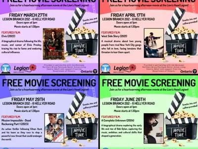 Four colourful posters promoting free monthly movie screenings at the Lion’s Head Legion featuring Elvis, West Side Story, Mission: Impossible – Dead Reckoning Part One, and A Complete Unknown.
